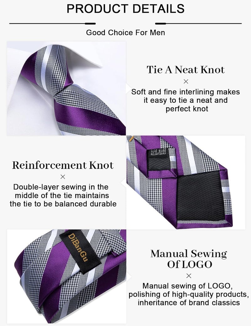 DiBanGu Mens Striped Tie Silk Woven Necktie and Pocket Square Cufflinks Tie Clip Set Wedding Business Formal Gift Tie for Men - Image 3